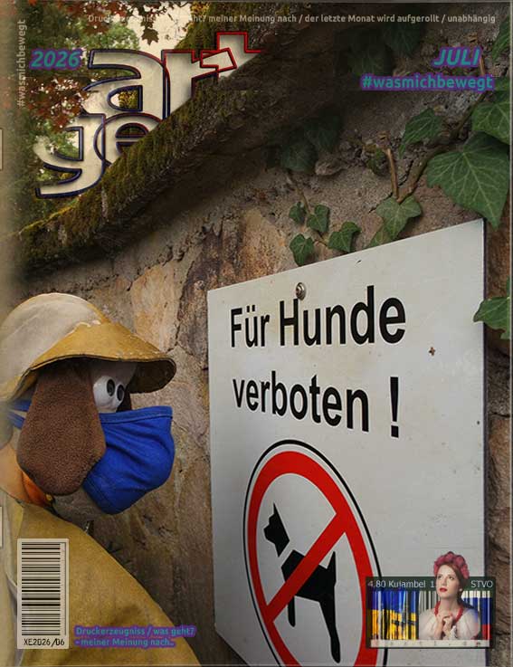 Titelbild Juli 2026, Gromit schaut auf ein Hunde-verboten-Schild