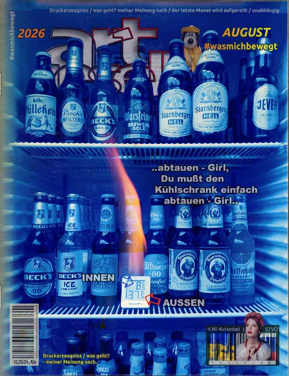 Titelbild August 2026, im Inneren eines vollbelegten Getränkekühlschrankes brennt ein Thermometer